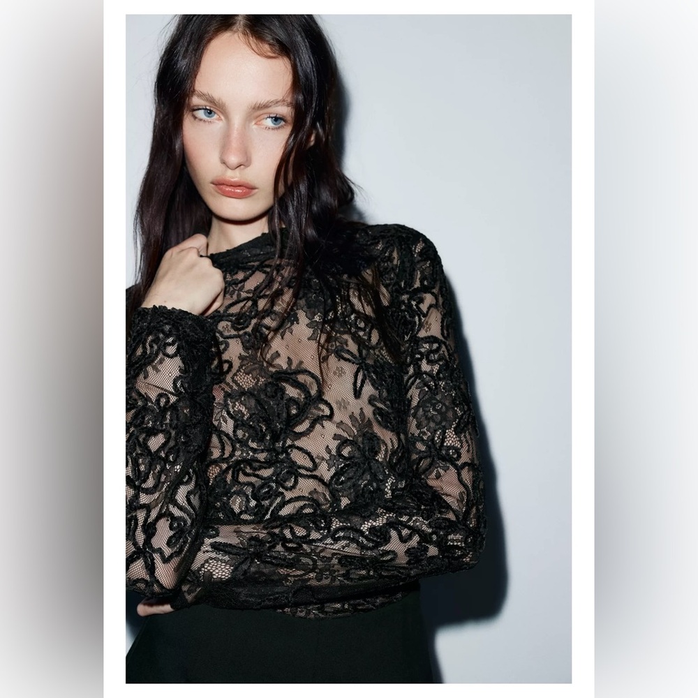 Zara Collection Black Lace Long Sleeve Blouse, Stretch Top in Medium - NWOT